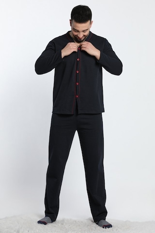 Lukitus Uzun Kollu Önden Düğmeli Erkek Pijama Takımı Lacivert Siyah