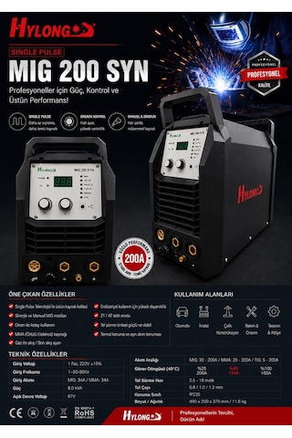 HYLONG SİNGLE PULSE MİG 200 SYN GAZALTI KAYNAK MAKİNESİ