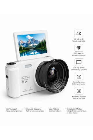 4k Wifi Dijital Fotoğraf Makinesi 0.45x Geniş Açı Lensli, Döner Ekranlı Kompakt Vlog Kamera