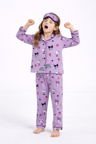 Beka Kids Desenli Uzun Kollu Önden Düğmeli Gömlek Yaka Kız Çocuk Pijama Takımı Ve Göz Bandı Mor