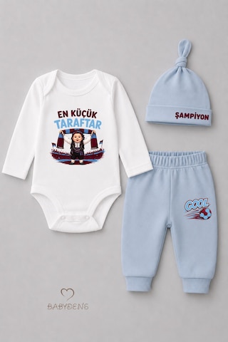 Babyden's %100 Pamuk Bebek Takımı Bordo Mavi En Küçük Taraftar Baskılı 3'lü Yenidoğan Bebek Takımı Uzun Kollu Body Pantolon Şapka Set