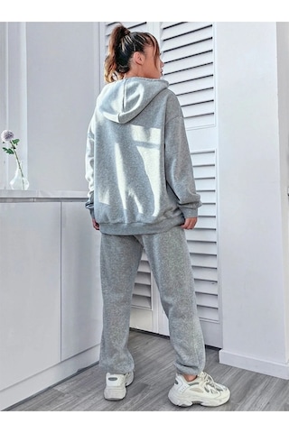 Harmandar Carlston Yazılı Kışlık Alt Üst Takımı Sweatshirt Eşofman Altı - Gri Baskılı Oversize Kapüşonlu Gri