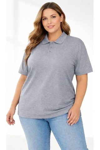 Vexor Pike Kumaş Düğmeli Yaka Battal Büyük Beden Günlük Kısa Kol Tişört T-shirt - Gri