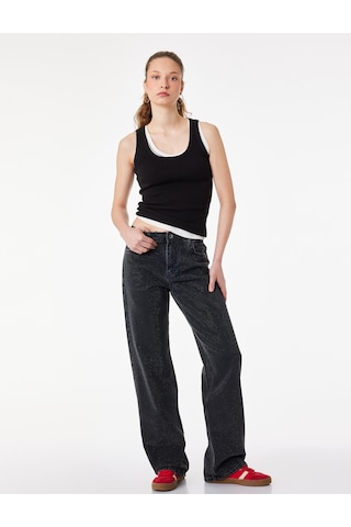 Koton Düz Paça Normal Bel Taş Detaylı Pamuklu Denim Pantolon - Straight Fit Jean Siyah 6sal40158md Siyah