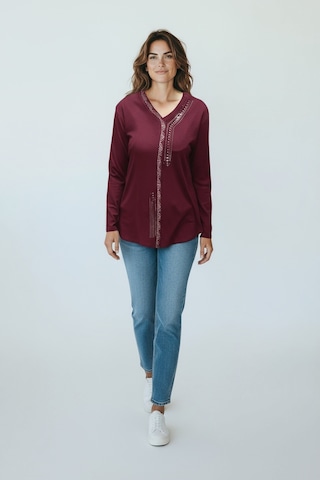 Kadın Önü Kapalı Düğme Detaylı Taşlı Nergis Mevsimlik Bluz Bordo