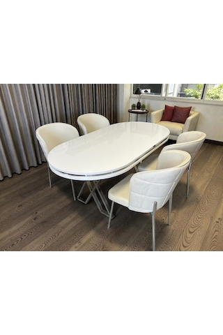 Msy Home 4 Kişilik Serya Beyaz Oval Masa Krom Ayak Yönsüz Kumaş Modern Ve Şık Yemek Odası Takımı Krem