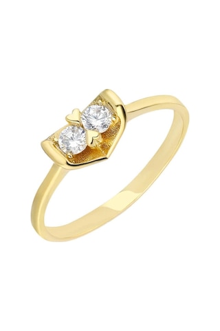 Zirkon Taşlı "V" Tasarım Gold Renk 925 Ayar Gümüş Bayan Yüzük (531208856)