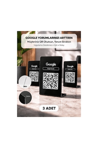 Meo 3'lü Paket - Google Yorum Standı - Qr Kodlu Masaüstü Pleksi Stand Siyah