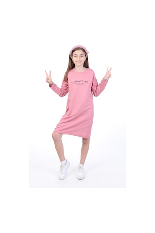 Toontoy Kız Çocuk Bisiklet Yaka Düşük Kol Yazı Baskılı Elbise Kırmızı