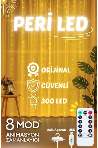 Perde Led 3mx3m Kumandalı 8 Fonksıyonlu 300 Ledli 10 Sarkıtlı Peri Ledi Usb Girişli Çok Renkli