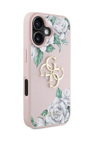 Apple Uyumlu iPhone 16 Kılıf Guess Lisanslı Gül Baskılı Büyük Metal Logo Dizaynlı Kapak Pembe