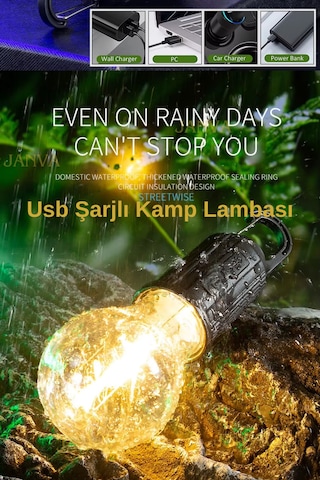 3 Adet Taşınabilir Usb Şarjlı Led Ampül Outdoor Kamp Bahçe Lambası Askılı Kırılmaz Işık Siyah