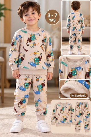 Üç Gül Ticaret Erkek Çocuk Dinozor Baskılı İçi Şardonlu Pijama Takımı 3-7 Yaş Ekru Ekru