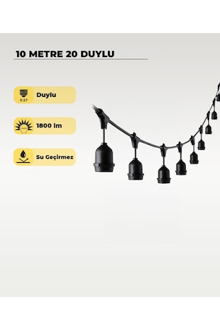 10 Metre 20 Duy E27 Dış Mekan Led Zincir Aydınlatma Bahçe, Kafe Ve Organizasyon Işık Seti Ampulsüz Siyah
