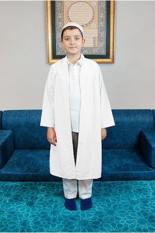 Beyaz Buhara Yaka Namaz Elbisesi Erkek Çocuk Cübbe Beyaz