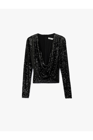 Koton Uzun Kollu Degaje Yaka Pullu Payetli Crop Bluz Siyah 6wak60006fk Siyah