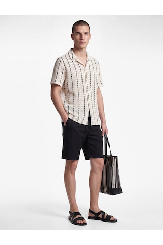 Koton Regular Fit Kısa Kollu Pamuklu Devrik Yaka Ajurlu Gömlek Siyah Çizgili 6sam60097nw