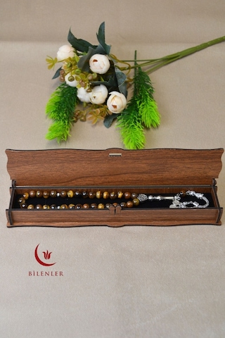 Kaplan Gözü Taşlı 33 Lü Erkek Tesbih Enerji Taşı, Ahşap Kutulu Çok Renkli