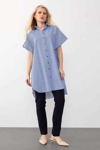 Olcay Yandan Yırtmaçlı Çizgili Poplin Tunik Mavi 9283