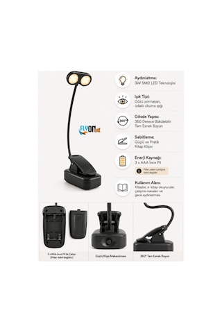Gözü Yormayan Klipsli Kitap Okuma Işığı 3w Smd Led Mandallı Pilli Lamba 360 Esnek Boyun Sarı Ve Beyaz Işık Siyah