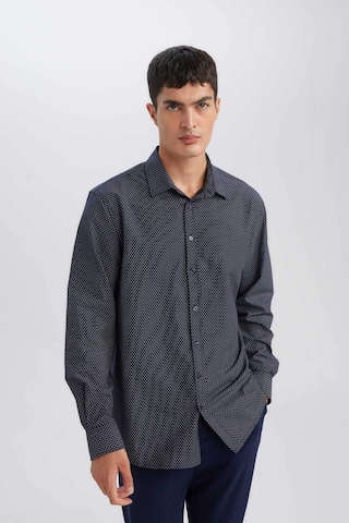 DeFacto Modern Fit Modern Kesim Poplin Desenli Pamuk Karışımlı Uzun Kollu Gömlek D3377AX24AUNV82 Lacivert