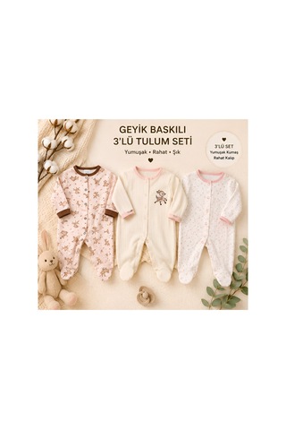 Omeca Concept 3'lü Kız Bebek Geyik Desenli Patikli Tulum Seti Krem