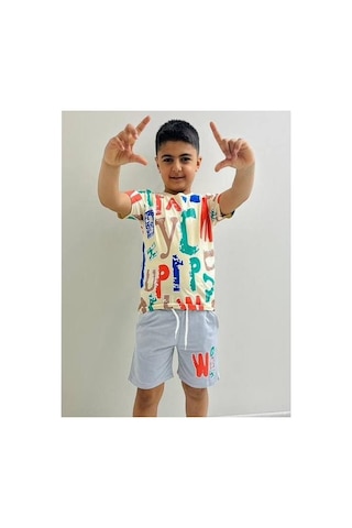 Mnk Baby & Kids Erkek Çocuk Baskılı Şortlu Yazlık Takım M00710 Ekru