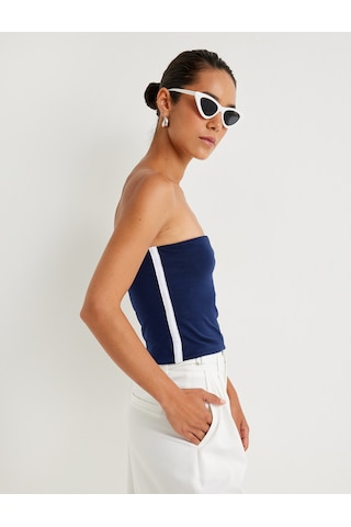 Koton Straplez Crop Üst Yanları Şerit Detaylı Pamuklu Slim Fit Lacivert 4sak10946ek