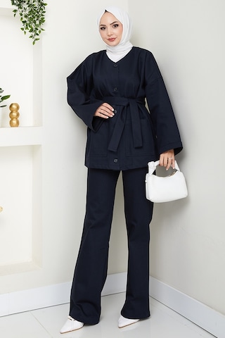 Bestenur Kemerli Ceket Pantolon Gabardin Takım 1557 - Lacivert Lacivert