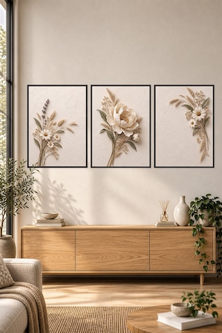 Siyah Çerçeveli Ivory Meadow Peony 3 Lü Ahşap Çerçeveli Mdf Tablo Seti Şakayık, Lavanta Ve Papatya Kuru Çiçek Temalı Kabartma Görünümlü Renk: Siyah