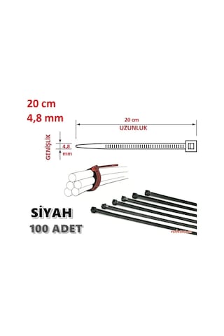 100 Adet 20Cm X 4.8Mm Plastik Kelepçe Kablo Bağı Siyah