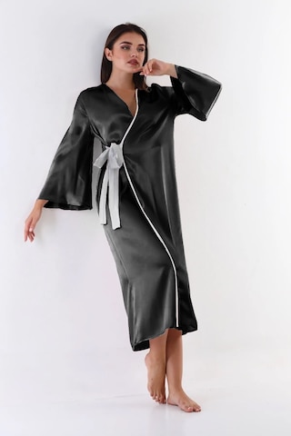 Laperissa Kadın Siyah Saten Dokuma Sabahlık Beyaz Kuşaklı Şık Ve Zarif Ev Giyim Siyah