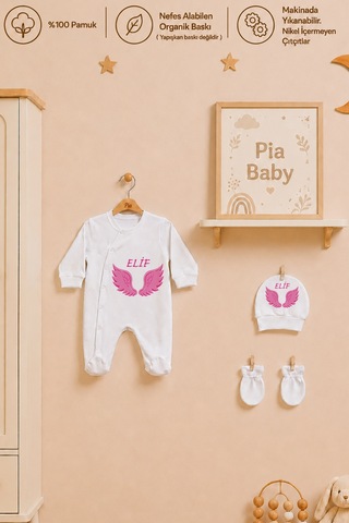 Pia Baby Yeni Doğan Kız Bebek 4 Parça Hastane Çıkışı Seti %100 Pamuk Kişiye Özel İsimli Battaniyeli Tulum Set 2055bt3x Ekru