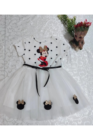 Colezium 2-3-4 Yaş Puantiyeli Mickey Baskılı Kurdela Kuşaklı Astarlı Kız Bebek Tütü Elbisesi Beyaz Renkli