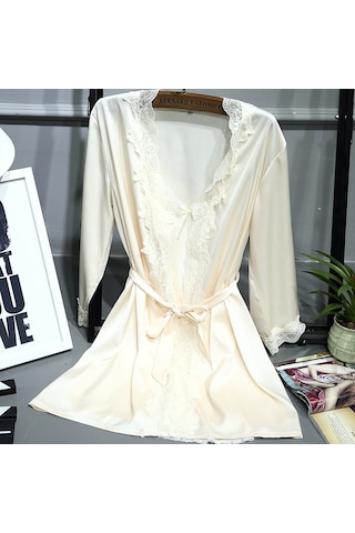 Sones 2'si 1 Arada Kadın Dantel İpek Askılı Gecelik + Hırka Gecelik Takımı Açık Gri