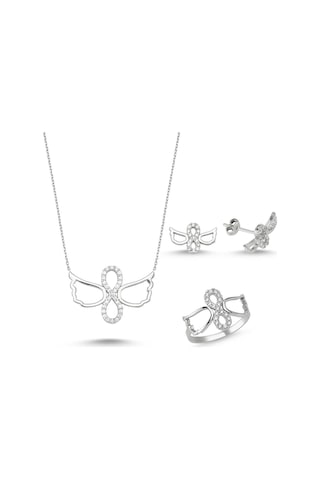 Kanatlı Sonsuzluk Taşlı Gümüş Kolye Küpe Yüzük Seti Wss06