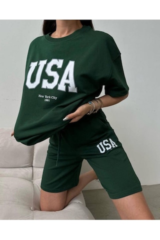 Usa T-shirt Şort - Alt Üst Takım Şort Tişört Kombin Baskılı Bisiklet Yaka Yeşil