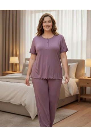Derya Kadın Bambo Büyük Beden Düğme Yaka İnce Kısa Kol Pijama Takımı 7943 - 1 Adet Gülkurusu
