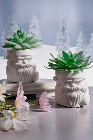 Minimal Hediyelik Dekoratif İkili Noel Baba Vazo&sukulent Saksısı Bitkiler Dahil Değildir Beyaz