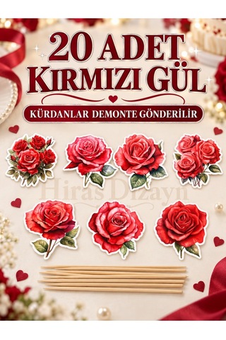Hiras Dizayn Kırmızı Gül Kürdanlı Süs Seti 20 Adet Cupcake Pasta Sunum