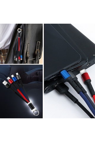 Mcg Işıklı Anahtarlık Model 3 İn 1 Usb Çıkışlı Mikro,type-c Ve Apple iPhone Uyumlu Şarj Kablosu
