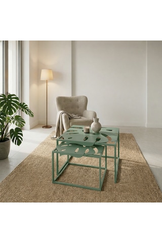 Monstera Yaprak Formlu 2 Li Metal Orta Sehpa Modern Zigon Sehpa Seti Yeşil