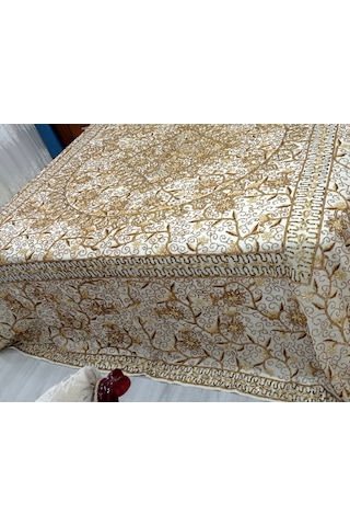 Pullu Boncuk İşlemeli Otantik Çift Kiş Yat Örtüsü 240x270 -gold Gold