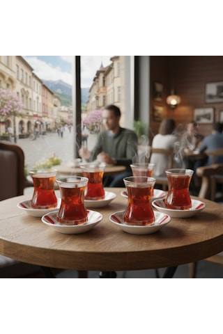 Paşabahçe 6'lı Çay Bardağı 130cc Ve Porland Porselen 6'lı Çay Tabağı Set Kolye,küpe Hediyeli Şeffaf