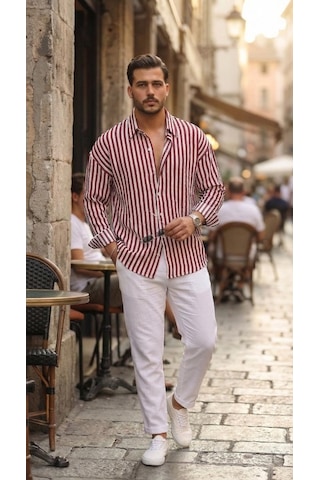 Etiler Collection Erkek Dikey Çizgili Yarım Oversize Gömlek Bordo