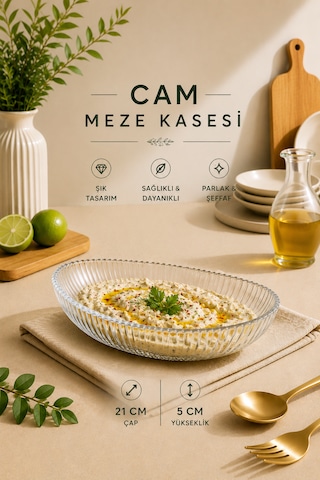 Cam Çukur Kayık Sunum Tabağı Şeffaf Servis Tabağı Salata Meze Çerez Tabak Oval Şık Meyvelik 21 Cm