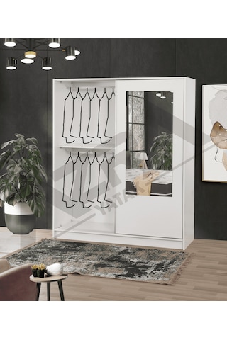 Azra Yatak Yağmur Sürgülü Askılıklı Raflı Beyaz Gardırop - 140 Cm
