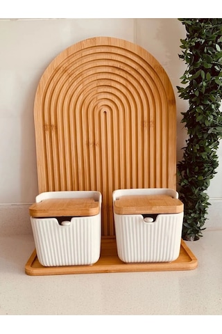 Bambu Kapaklı Porselen Kaşıklı 2'li Bambu Standlı Tuzluk Biberlik Ahşap - Beyaz