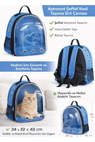 Kp Kalpli Patili Astronot Şeffaf Taşıma Sırt Çantası Mavi 24x32x42 Cm