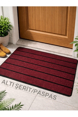 Beylini Şerit Desenli Kapı Önü Paspası Kaymaz Taban Dayanıklı Su Geçirmez Emici Nem Toz Uv Dayanıklı 45x70cm Bordo